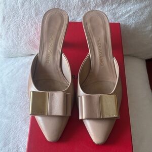 Salvatore Ferragamo Nude Leather Bow-Front Pointed Mules with Gold Plaque
